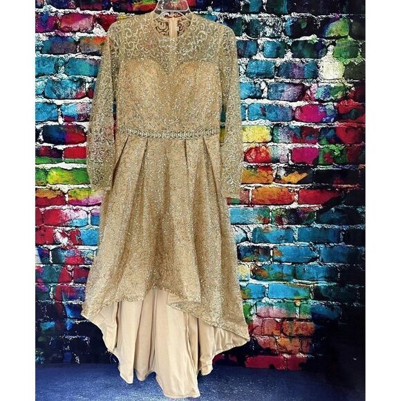 Gold Glitter High Low Sheer Long Sleeve Dress size Large